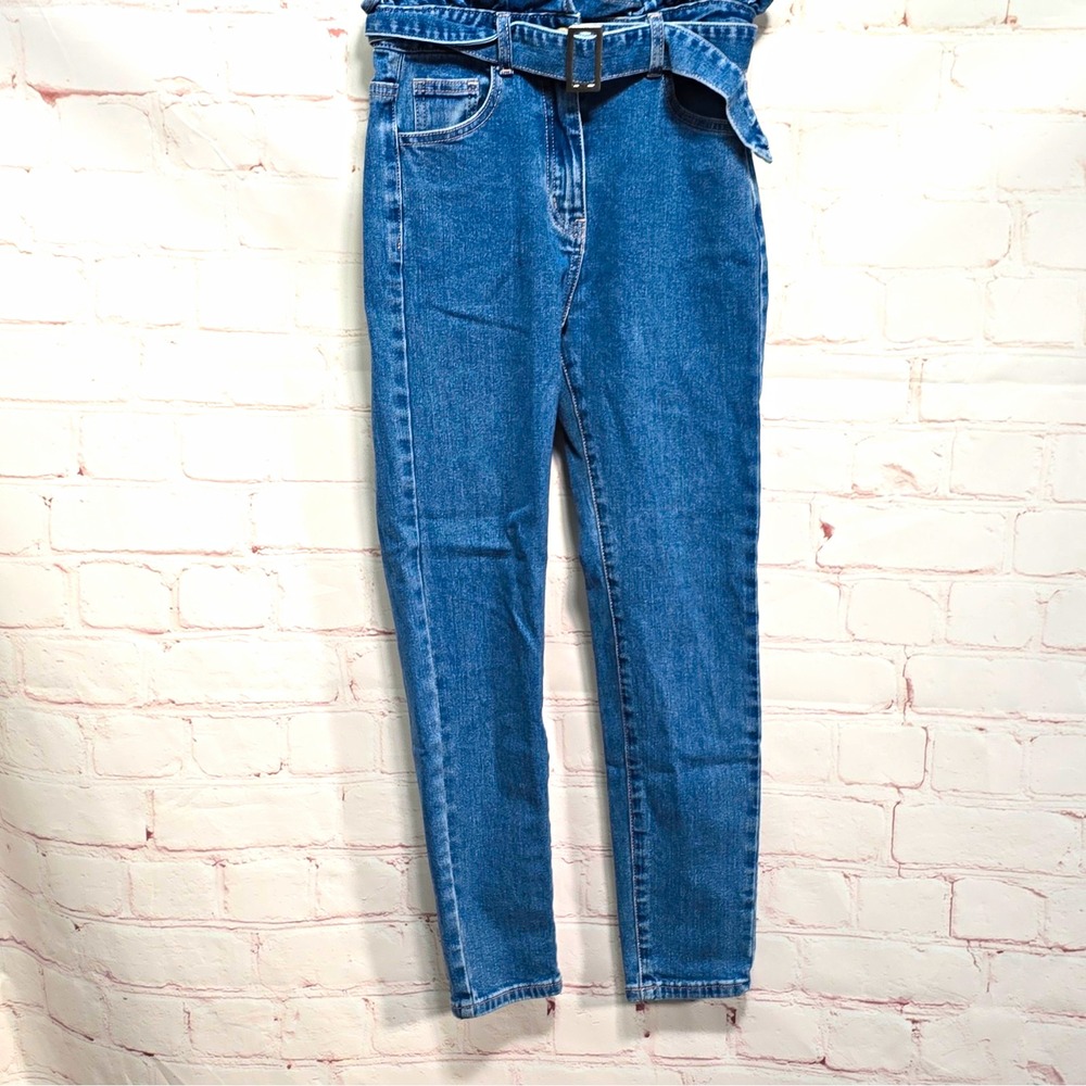 KUOSE Girls Blue Denim Skinny Jeans Paperbag Waist Buckle Belt Size S